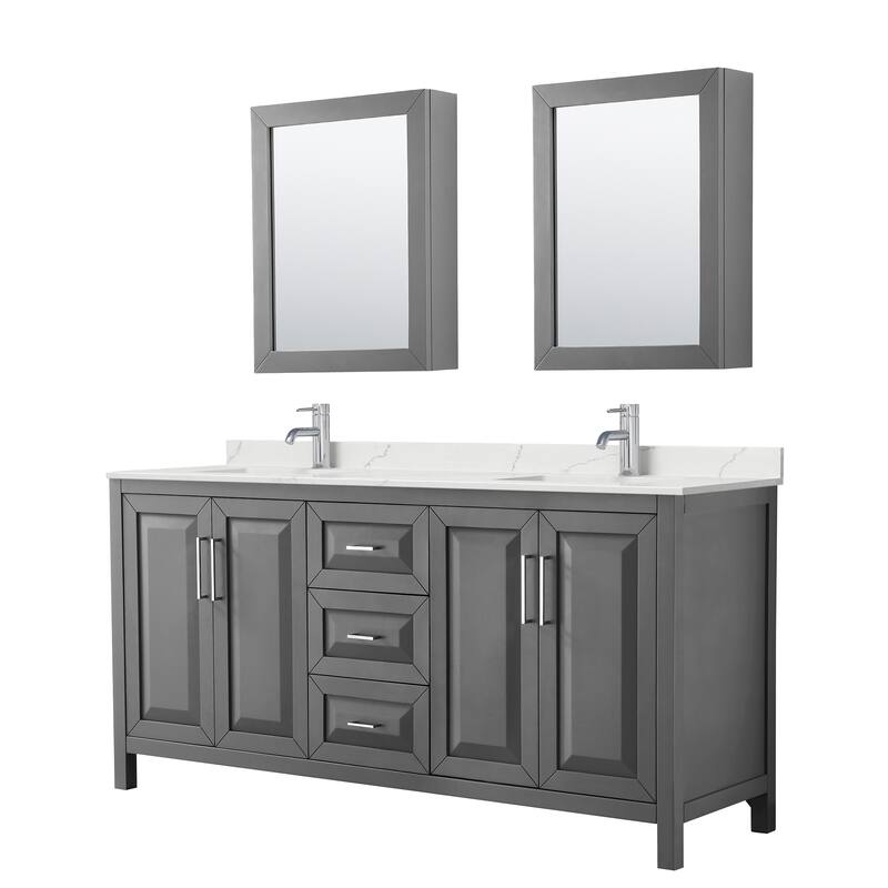Daria 72-inch Double Vanity, Single Hole Quartz Top, Med Cabinets - Dark Gray, Chrome Trim, Giotto Quartz Top