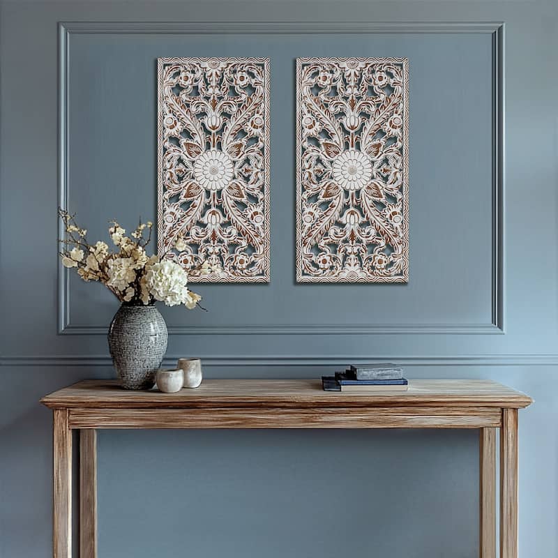 Madison Park Botanical Distressed Carved Wood Wall Decor (Set of 2) - Antique Green