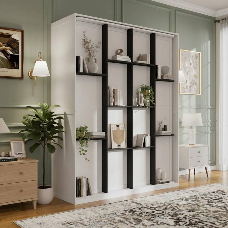 360° Rotating Queen Murphy Bed Cabinet with 14-Shelf Hidden Bookcase by Harper&Bright Designs