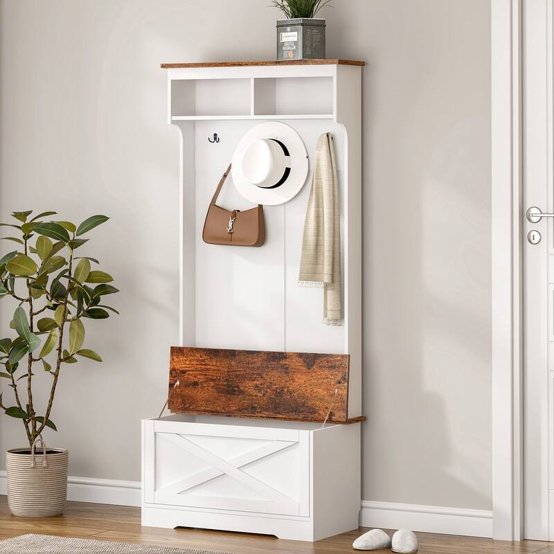Modern Minimalist Coat Rack Wardrobe with 5 Hooks, Bench and Storage Function, for Hallway