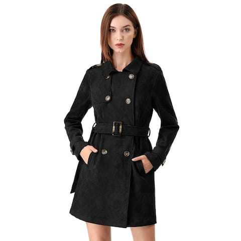 Women's Lapel Double Breasted Faux Suede Trench Coat Jacket with Belt