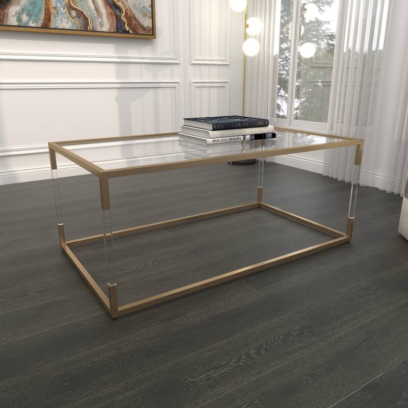 Metal Open Framed Coffee Table with Clear Glass Top and Acrylic Legs - Gold or Clear - Roche River Decor