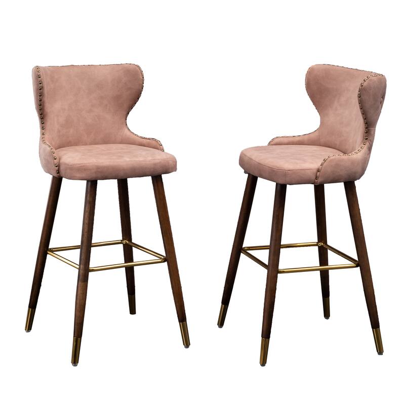 Nailhead Trim High Bar Stool, Faux Leather Bistro Counter Chair with Horn Backrest Kitchen Island Dining Chair, Set of 2