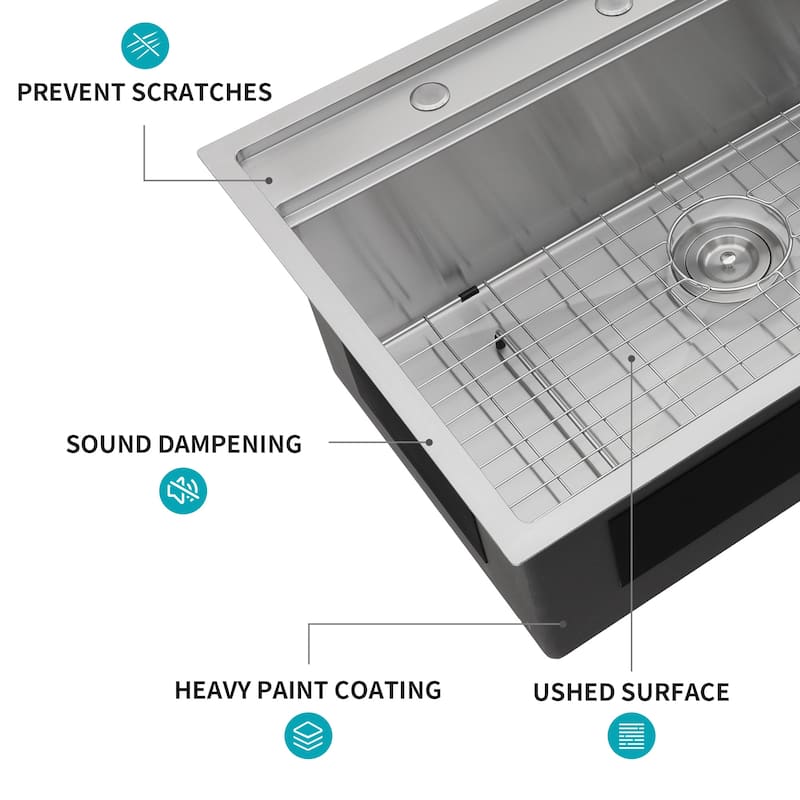 33" Drop-In 16 Gauge Single Bowl Stainless Steel Kitchen Sink