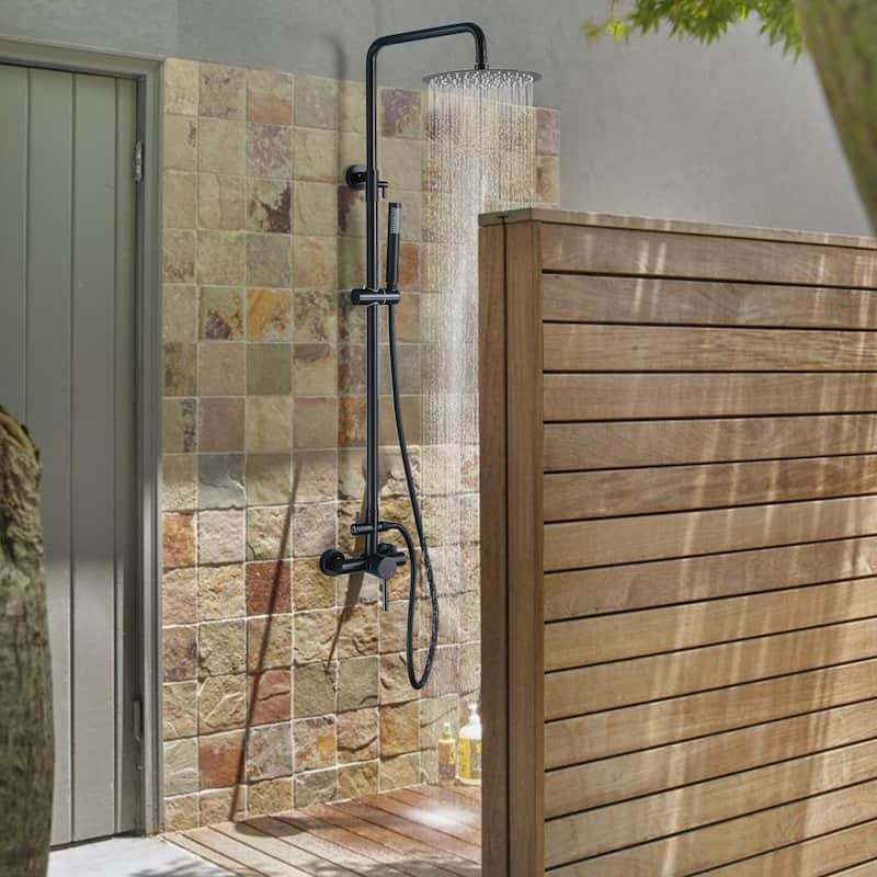 Outdoor 10 Inch Round Rain Shower Set with Handheld Shower (Adjustable Slider)