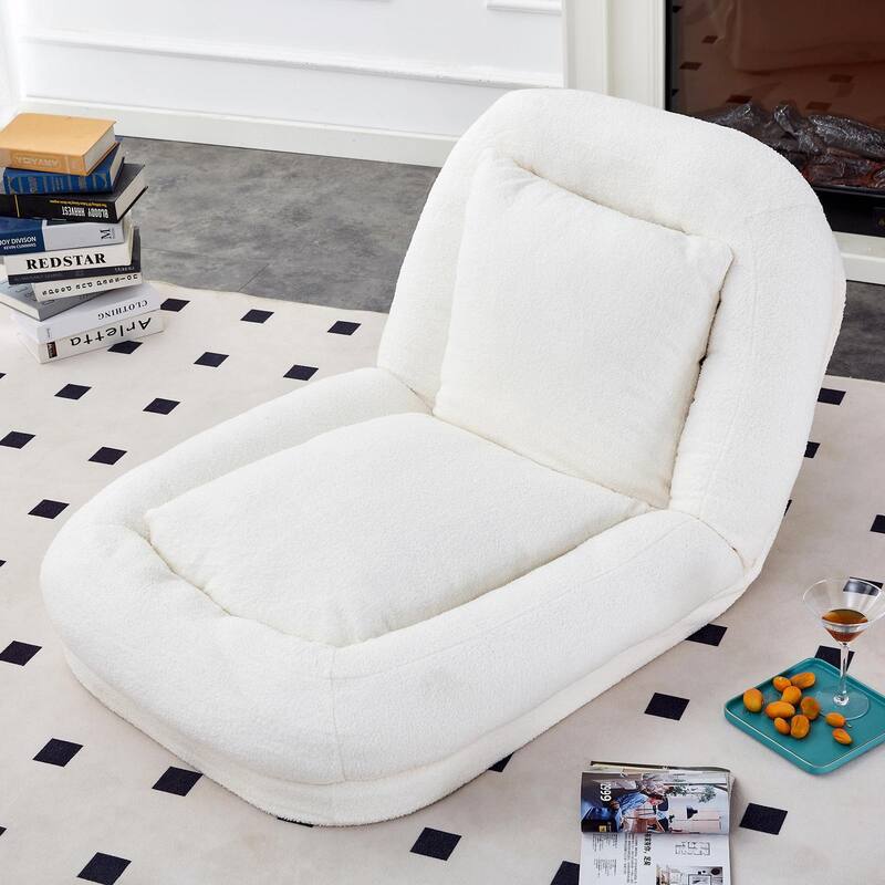 Folding Sofa Chair with 5 Adjustable Positions, Plush Floor Lounge Chair - Beige-Teddy
