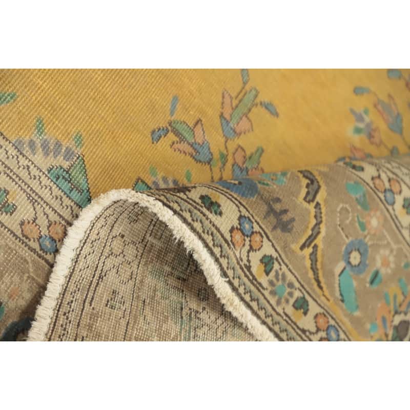 Hand Knotted Oriental 100% Wool Carpet Traditional Floral Yellow & Gold Tabriz Area Rug - 12' 5'' X 9' 8''