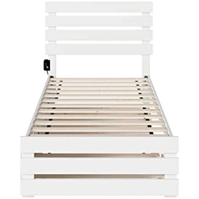 Twin Bed with Trundle & USB Charger - French Country Style Bed Frame - White Finish