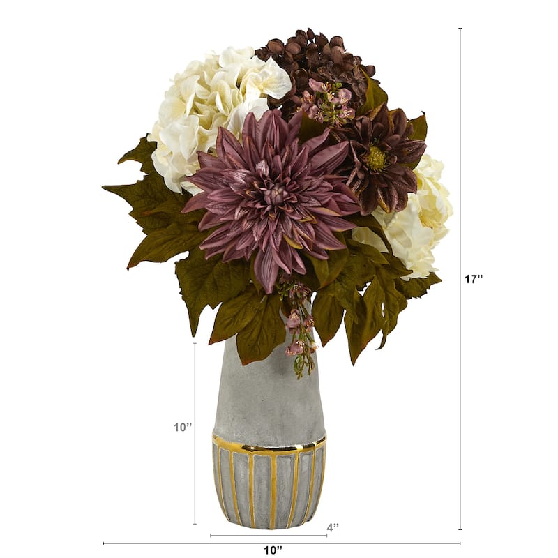 17" Peony, Hydrangea and Dahlia Arrangement in Stoneware Vase