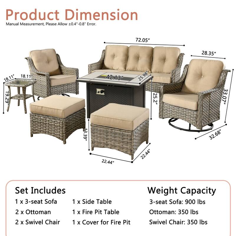 XIZZI 7-piece Patio Wicker Furniture High Back Chair Set with Firepit Table