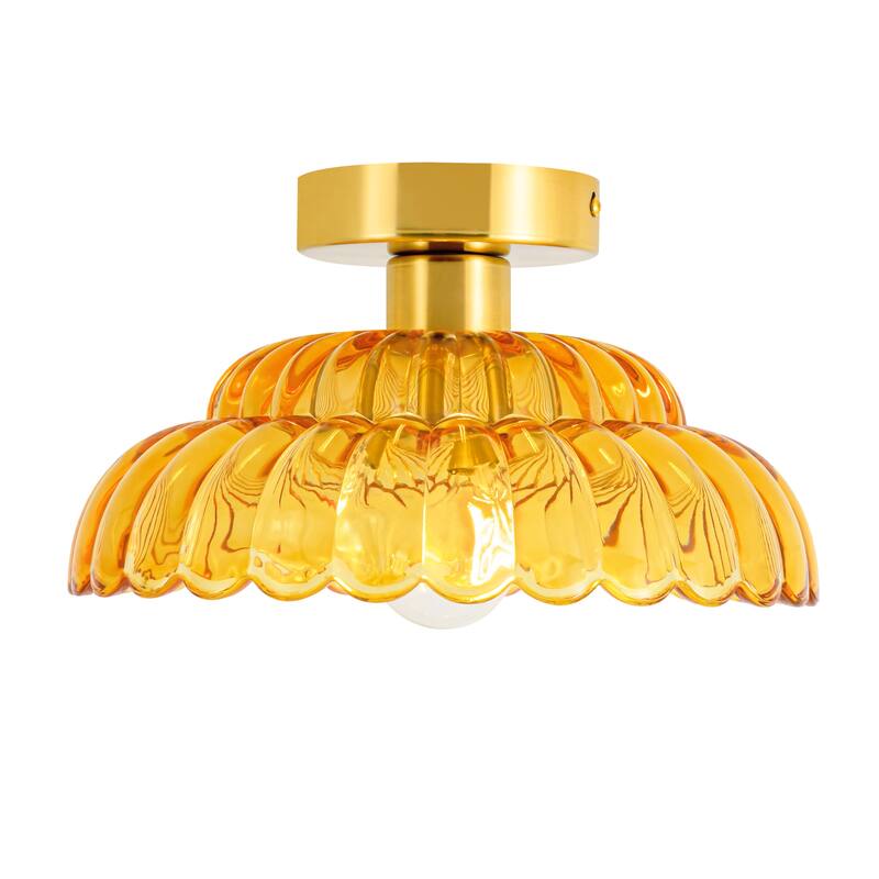 1-Light Vintage Brass Finish Metal Semi-Flush Mount Ceiling Light with Amber/Green/Grey/Clear Glass Shade for Kitchen, Hallway