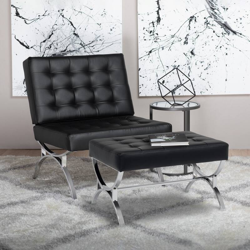 Newel Modern Blended Leather and Chrome Metal Frame Square Ottoman