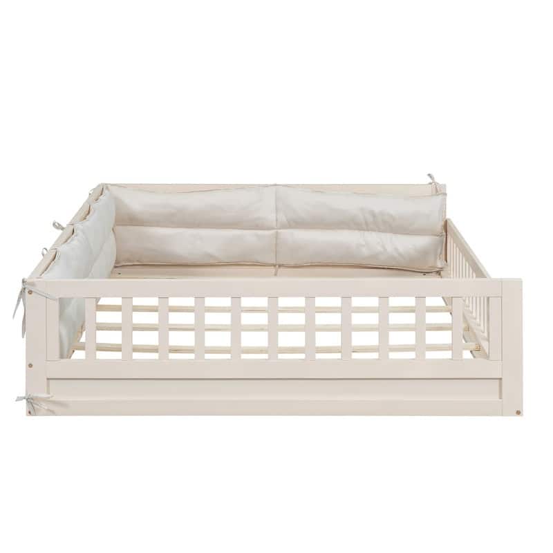 Wood Full Size Upholstered Platform Bed with Guardrail and Pillow