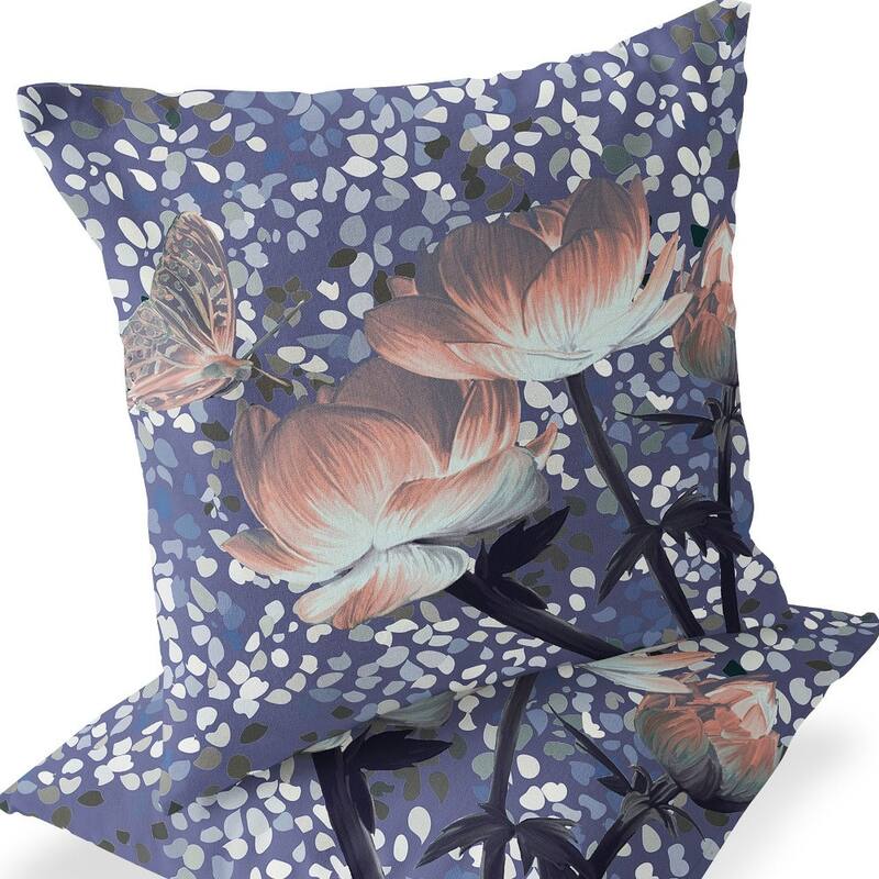 HomeRoots Set of Two 16" X 16" Blue and Gray Butterfly Blown Seam Floral Indoor Outdoor Throw Pillow - 16.00' X '16.00' X '5.00