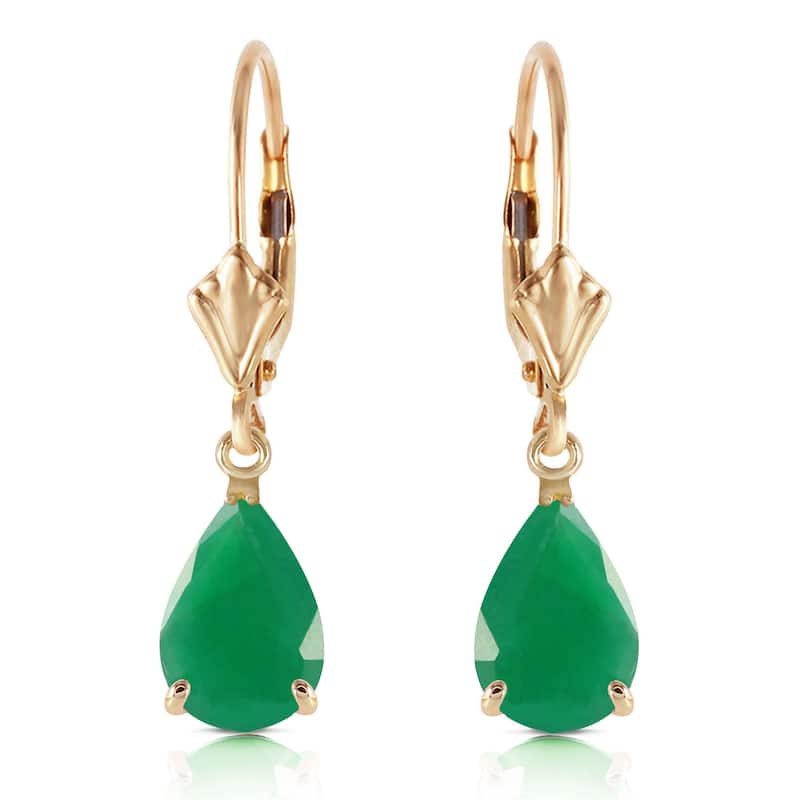 14K Solid Gold Elegant Leverback Earrings Natural Emerald Gemstone - Yellow