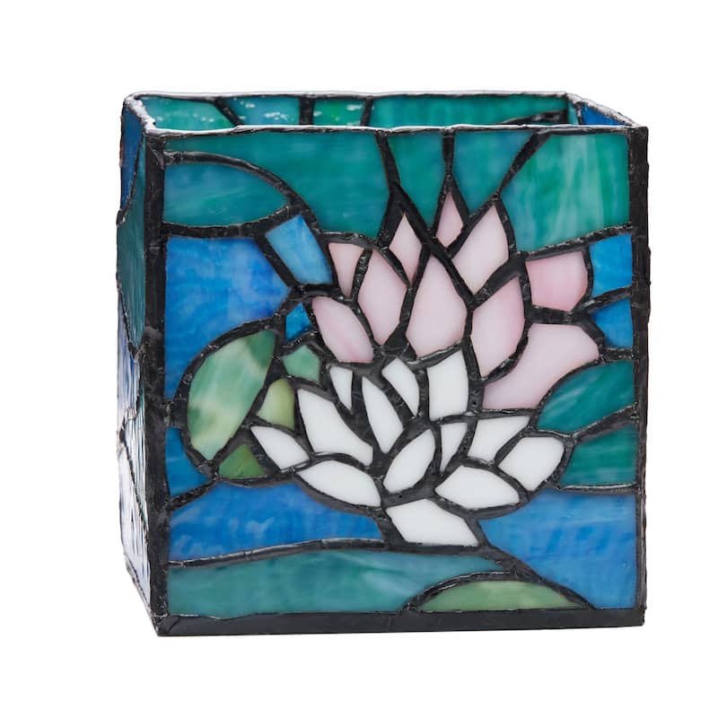 River of Goods 4.75-Inch Blue Pond Lilies Stained Glass Candle Holder - 4.75" x 4.75" x 4.75"