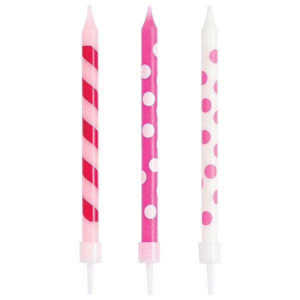 Club Pack of 144 Pink and White Spiral Dotted Birthday Candles 4" - N/A
