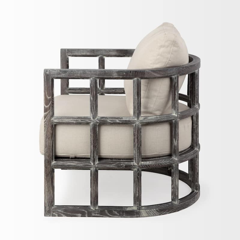 HomeRoots 30" Cream And Brown Fabric Distressed Barrel Chair - 29.75' X '33.75' X '29