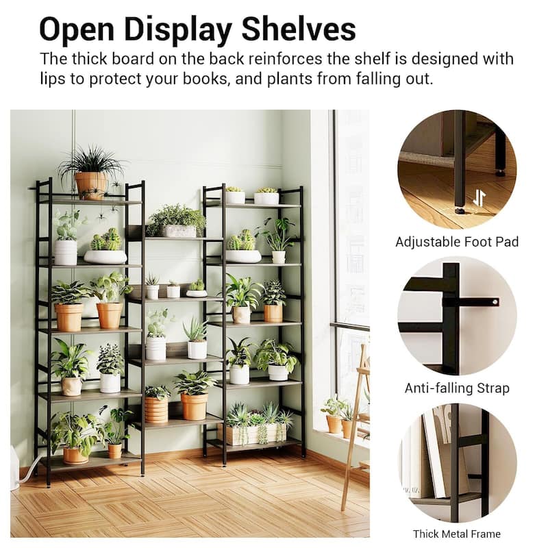 Triple Wide 5 Tier Bookshelf, Industrial Large Bookshelf with 4 Open Display Shelves
