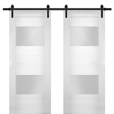 Modern Double Barn Door with Opaque Glass 2 Lites / Sete 6222 White Silk / 13FT Rail Track Set / Solid Panel Interior Doors
