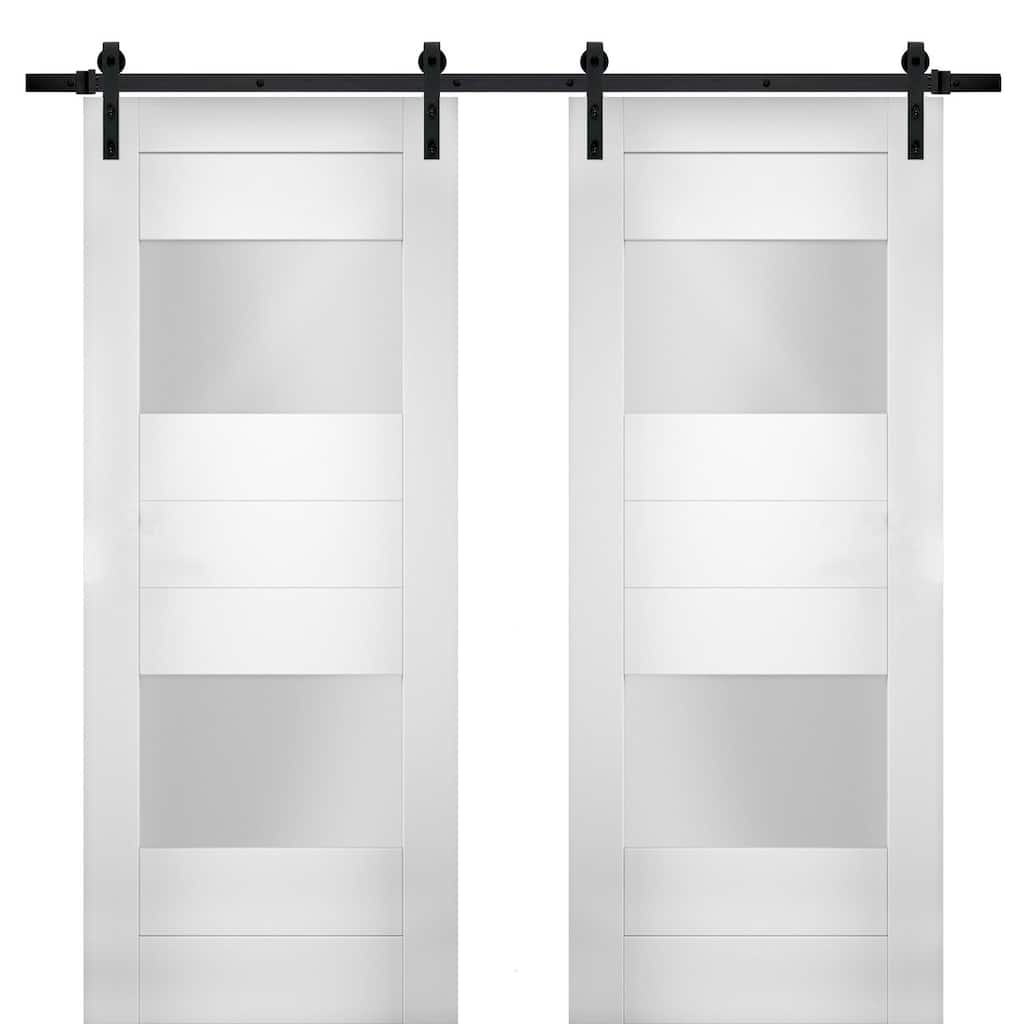Modern Double Barn Door with Opaque Glass 2 Lites / Sete 6222 White Silk / 13FT Rail Track Set / Solid Panel Interior Doors