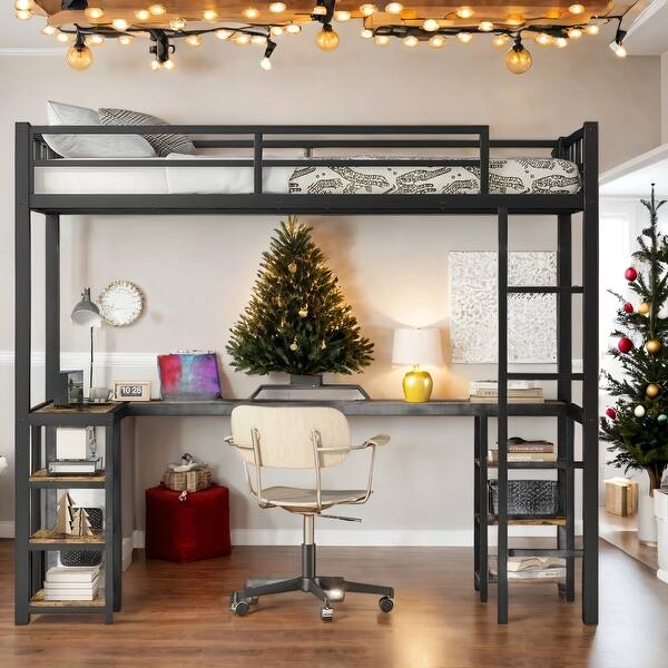 slide 2 of 14, Metal Twin XL Loft Bed with Desk and Shelves,Ladder and Guardrails Black