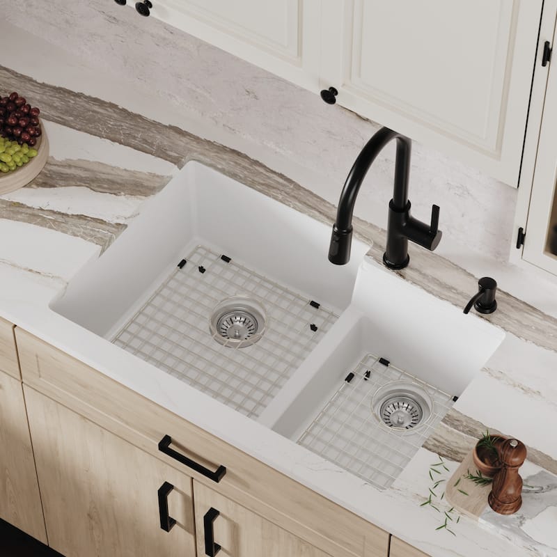 Karran 32" Undermount Large/Small Bowl Quartz Kitchen Sink Kit - 32" x 21.25" x 9"
