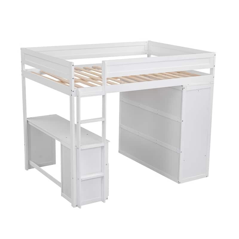 Merax Wood Loft Bed with Wardrobes and 2-Drawer Desk with Cabinet