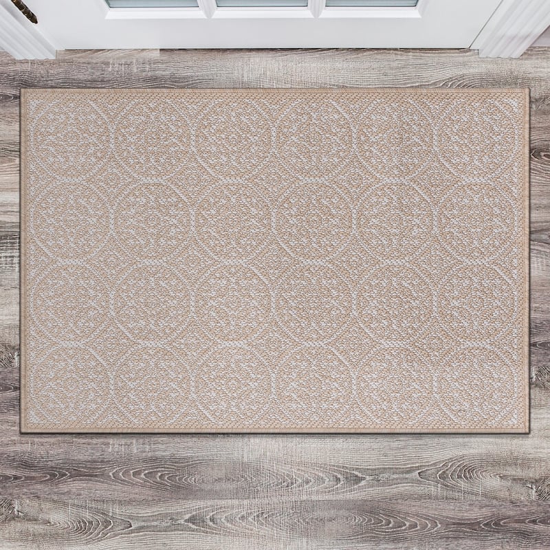 World Rug Gallery Transitional Floral Circles Textured Flat Weave Indoor/Outdoor Area Rug - 2'x3' - Natural