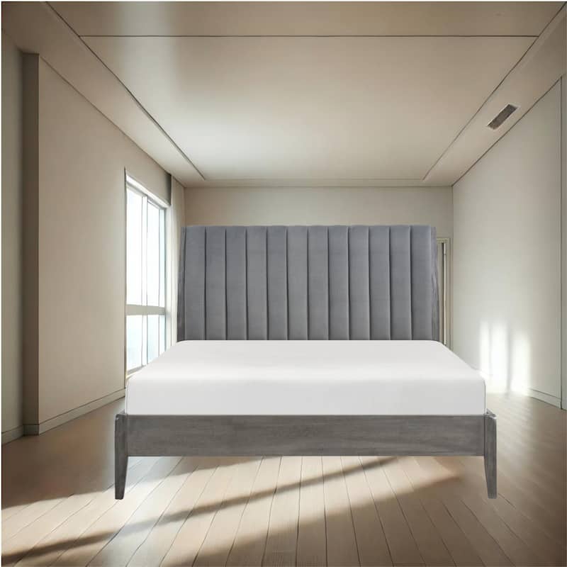 Chic Gray Velvet Platform Bed with Vertical Channel Tufting, No Box Spring Required, Solid Wood Legs - Grey - Queen