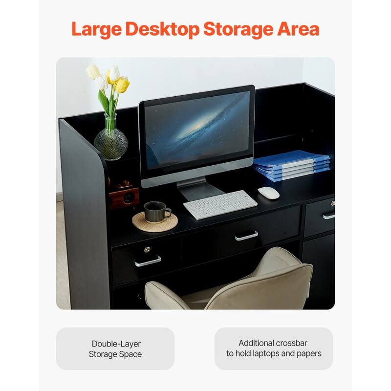 Black MDF Reception Desk with 3 Drawers and Cabinet Storage