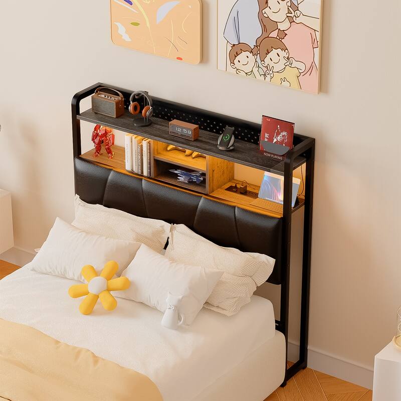 Upholstered Headboard with Pegboard and Charging Station, Storage Headboard Shelves and LED Light