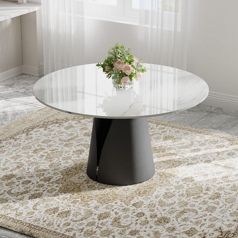 Modern Round White Dining Table，Sintered Stone Tabletop, Solid Black Carbon Steel Base