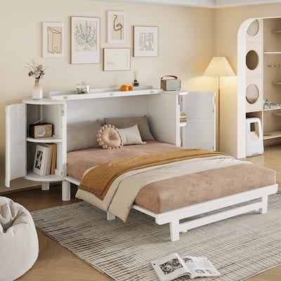 Queen Murphy Bed with Handwoven Rattan Drawers and Storage Cabinets, Rustic-Modern Foldable Wall Bed for Home Office or Studio