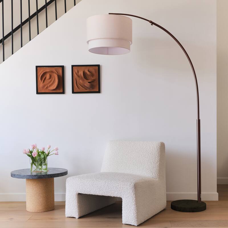 Brightech Mason 81 in. Oil Brushed Bronze Modern Adjustable and Extendable LED Floor Lamp with Beige Fabric Drum Shade