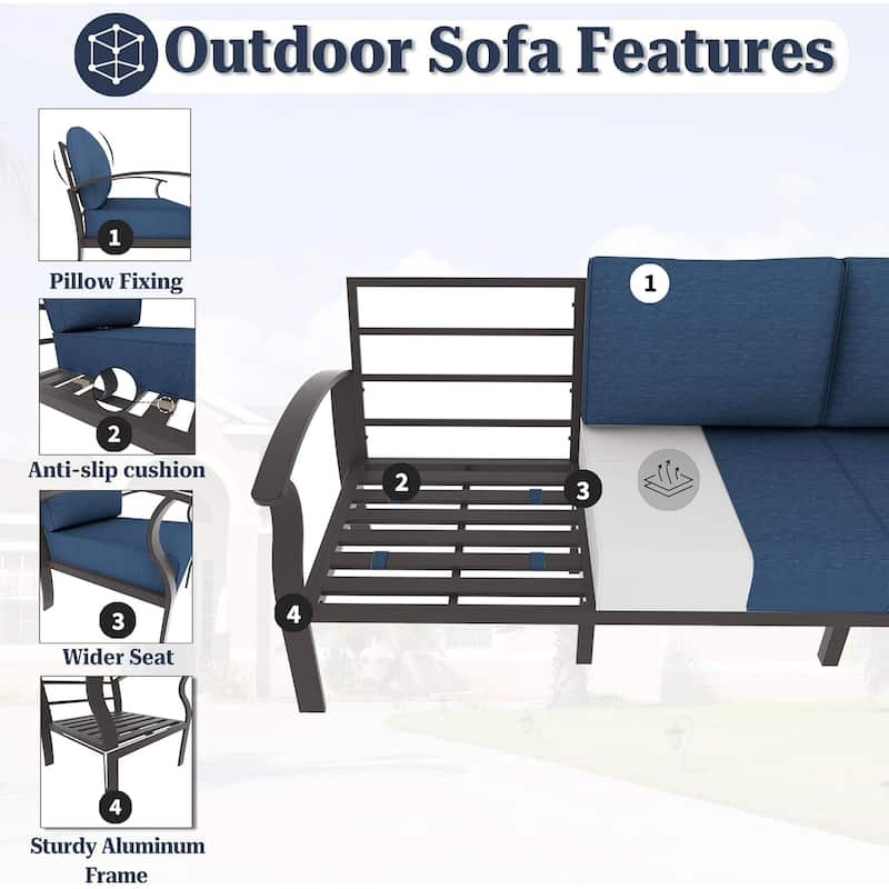 Kullavik Aluminum Outdoor Patio Furniture with Curved Armrests & Firepit Table