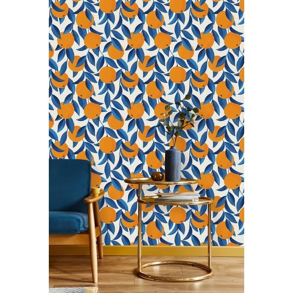 slide 2 of 2, Oranges with Blue Leaves Wallpaper 25"W x 125"H - Peel-and-Stick