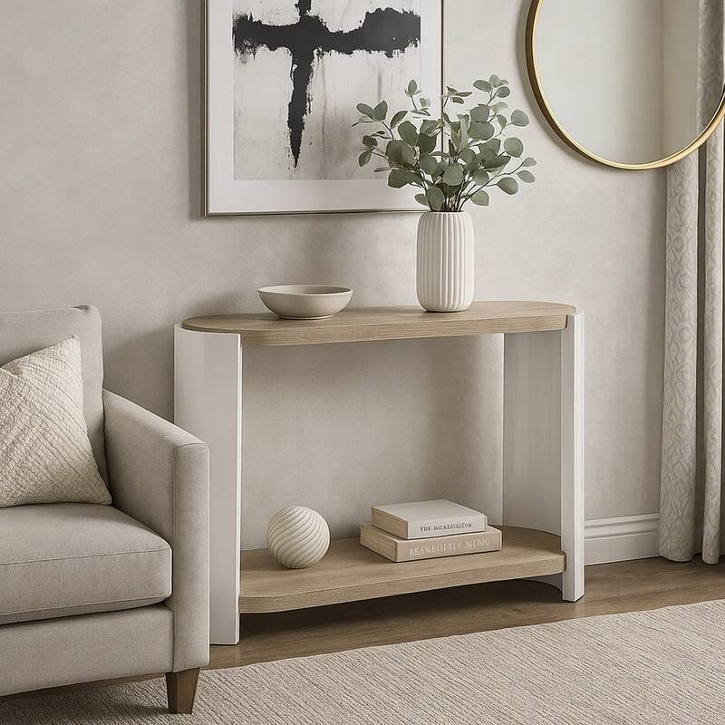 Romani Sofa Console Table, White High Gloss Wood, Brown, Oval 47 Inch