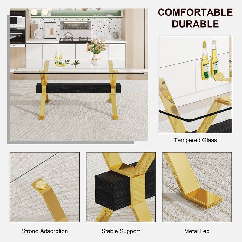 Roomfitters Large Glass Dining Table with Gold Plated Legs and MDF Crossbars for Kitchen or Office Use, Transparent