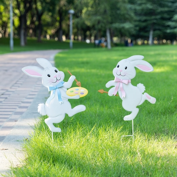 Glitzhome Hand-painted Easter Bunny Yard Stake, Fade Resistant