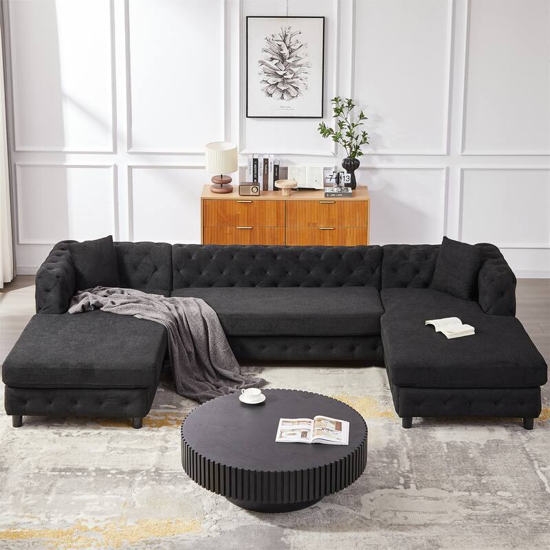 126-inch Modern Style Chenille Three Piece Sofa - Black