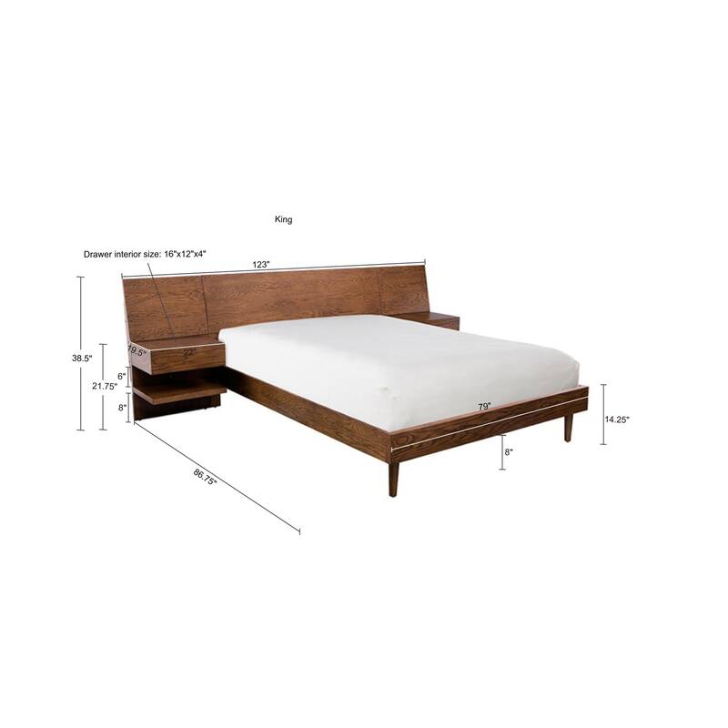 Roomfitters Clark Modern Platform Bed Frame, Wood Bed with Two Attached Nightstands, Mid Century Bedroom Set, Pecan - King
