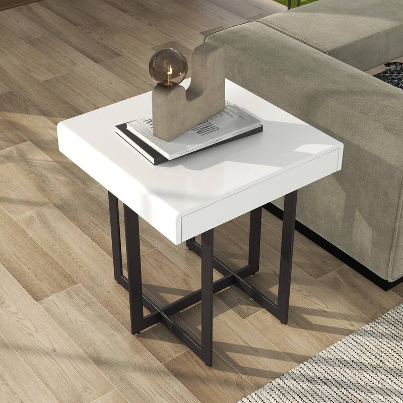 DH BASIC Modern White High Gloss Steel Hidden Drawer End Table by Denhour
