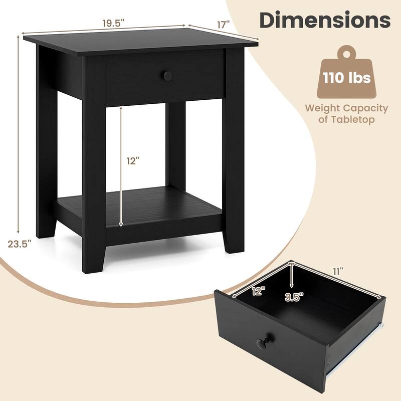 Costway 1/2 PCS Nightstand with Drawer 3-Tier Modern Bedside Table