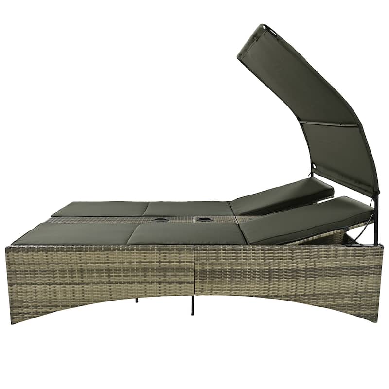 MERAX Outdoor Rattan Sun Lounger with Shelter Roof, Adjustable Backrest