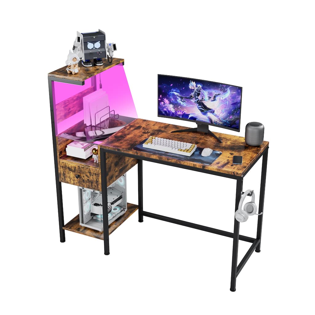 Computer Desk with Power Outlet & Reversible Shelves, Office Desk with USB Ports Charging Station & LED Lights