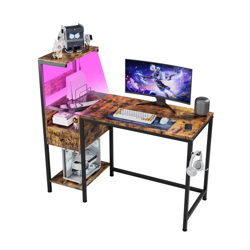 Computer Desk with Power Outlet & Storage Shelves, Study Writing Table with USB Ports Charging Station - Brown