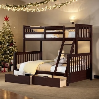 Artsy Twin-Over-Full Bunk Bed with Ladders and Two Storage Drawers, Maximized space, Solid Construction, Espresso