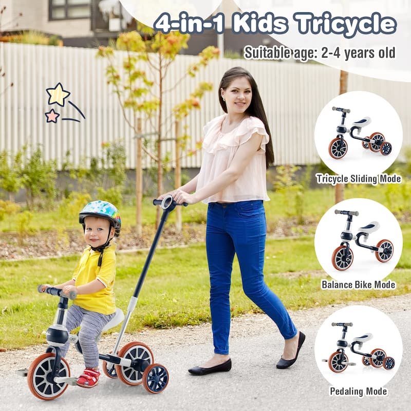 4-in-1 Adjustable Kids Tricycle with Parental Handle and EVA Wheels Safe Riding for Toddlers - 14.5" x 28.5" x 39.5"