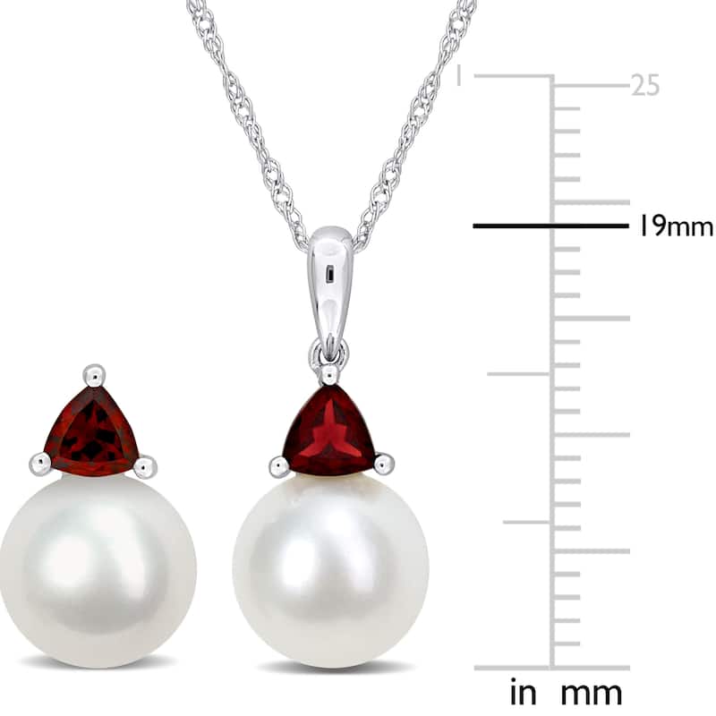 Miadora 8-8.5mm Cultured Freshwater Pearl 7/8ct TGW Garnet Jewelry Set 10k White Gold - 17 in